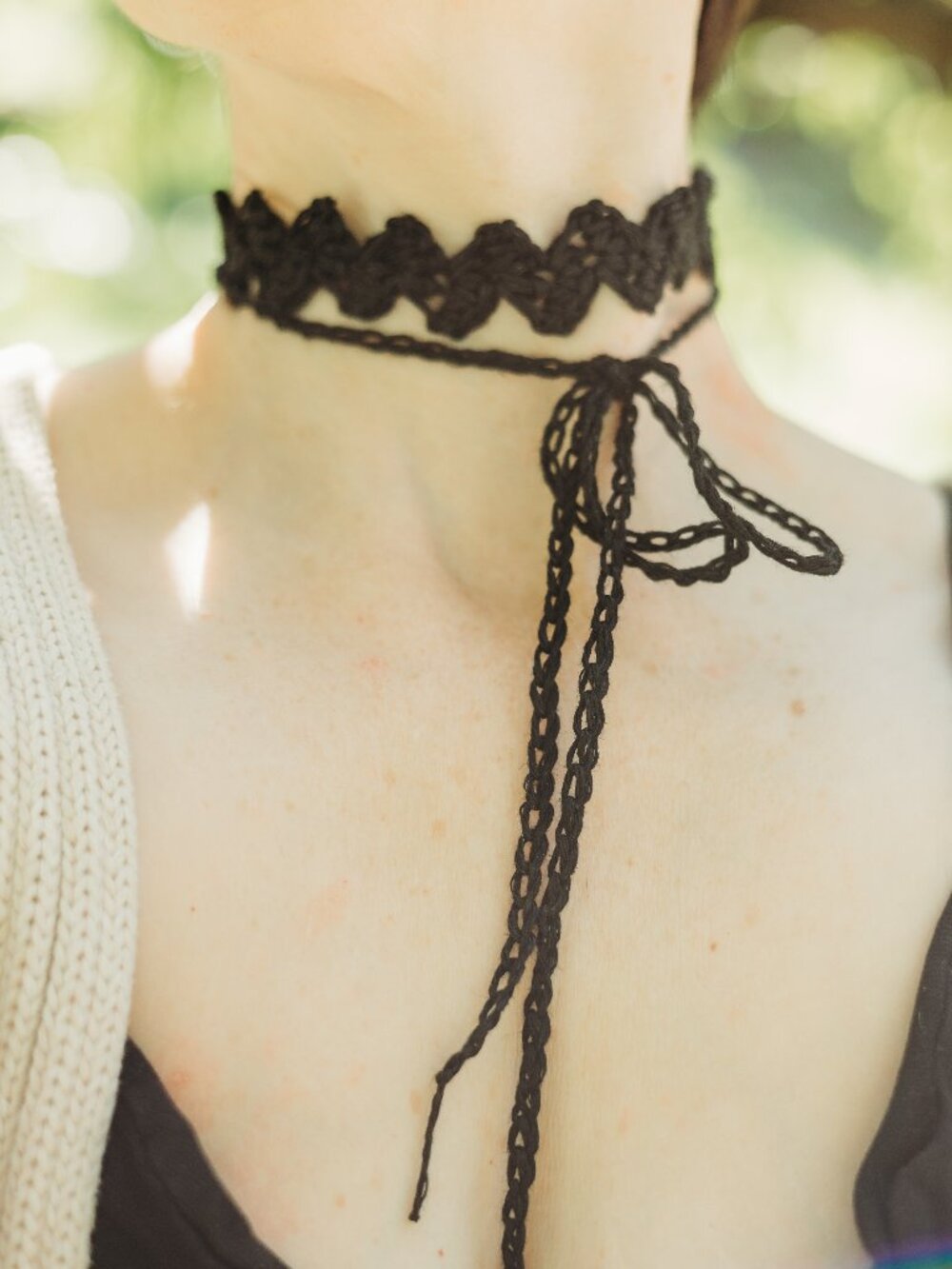 Handmade Crochet Black Linen Zig Zag Choker Necklace
